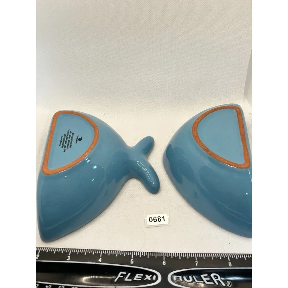 2-PC TERRACOTTA POTTERY BLUE FISH SERVING DISHES BOWLS MADE IN PORTUGAL